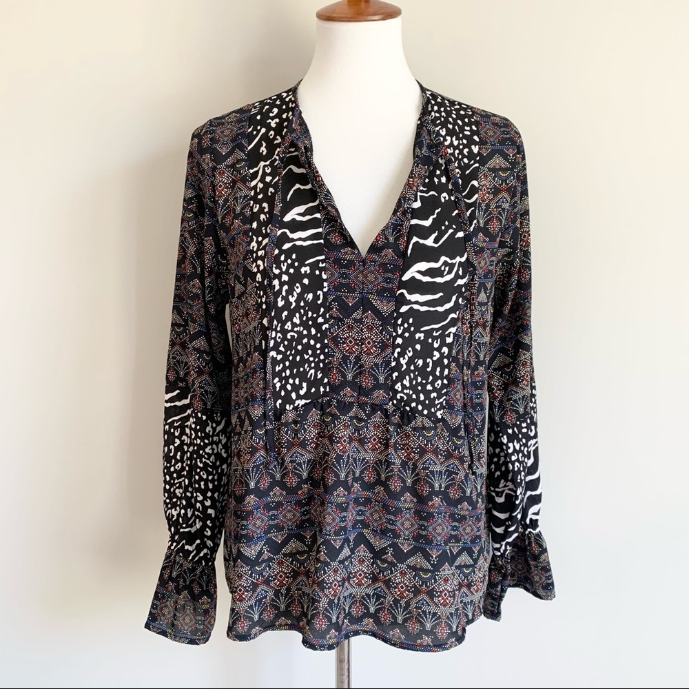 Evereve Allison Joy Jemma Print Mix String Detail Ruffle Cuff Top Size Small